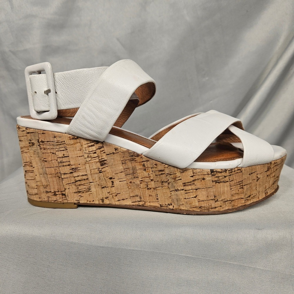 Halogen Wht Leather Cork Wedge Platform Sandals Ankle Strap Buckle RA06605 8.5M
